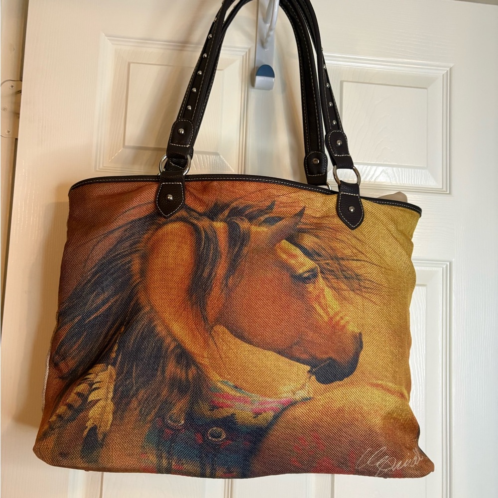 Montana Weat Horse Print Tote Bag with Black Handles